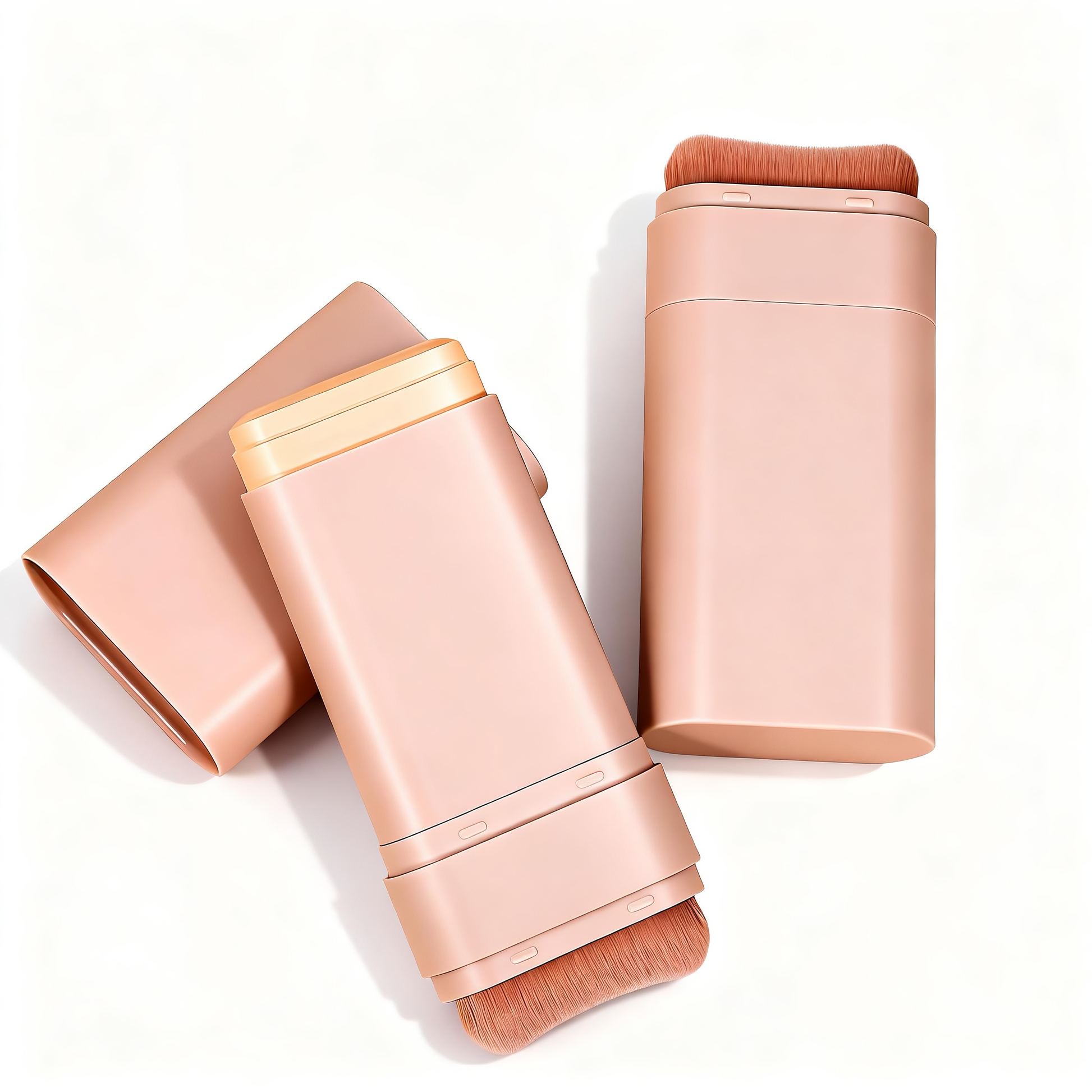 Private label matte foundation sticks showing built-in blending brush by MCcosme manufacturer.