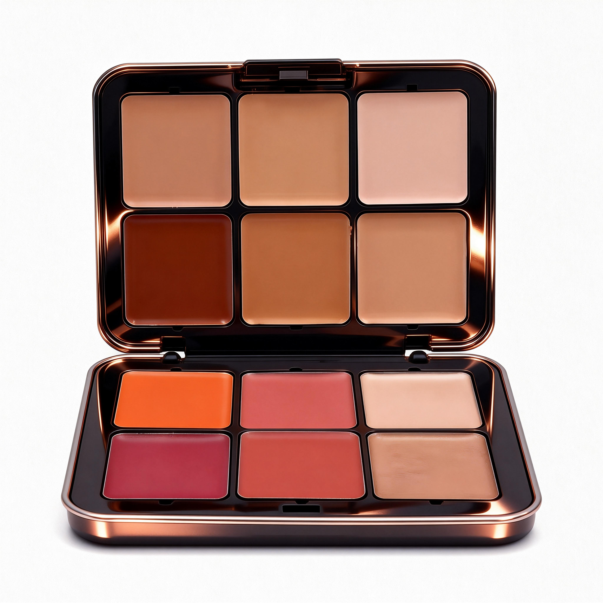 Professional 6 pan cream blush and concealer palette in copper packaging by MCcosme OEM.