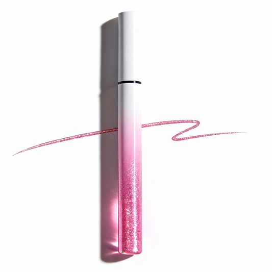 Rose pink glitter liquid eyeliner pen featuring cute gradient tube packaging. Custom cosmetic solutions provided by MCcosme.