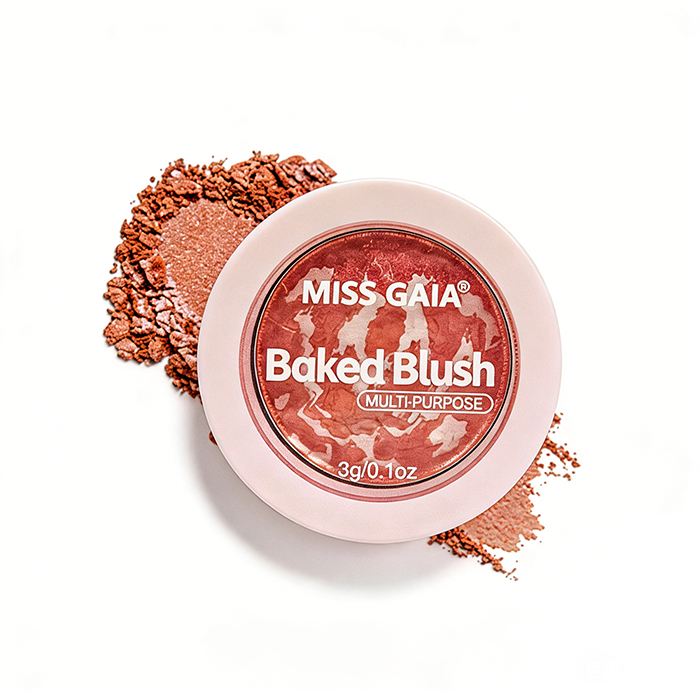 Close-up of crushed shimmer bronzer and blush hybrid powder, baked technology formula available for bulk supply.