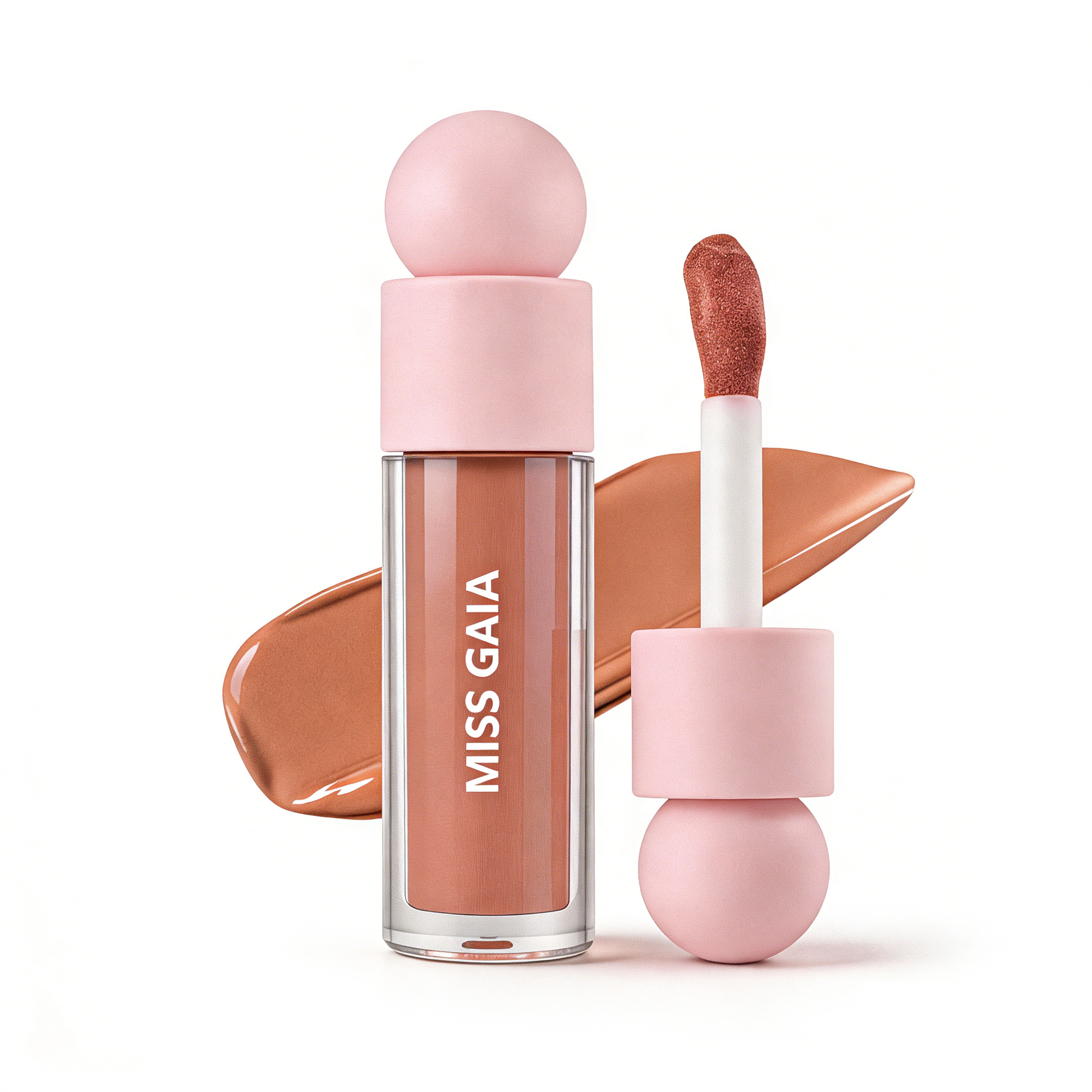 Terracotta orange liquid blush with subtle shimmer finish, trending shade for summer cosmetic collections.