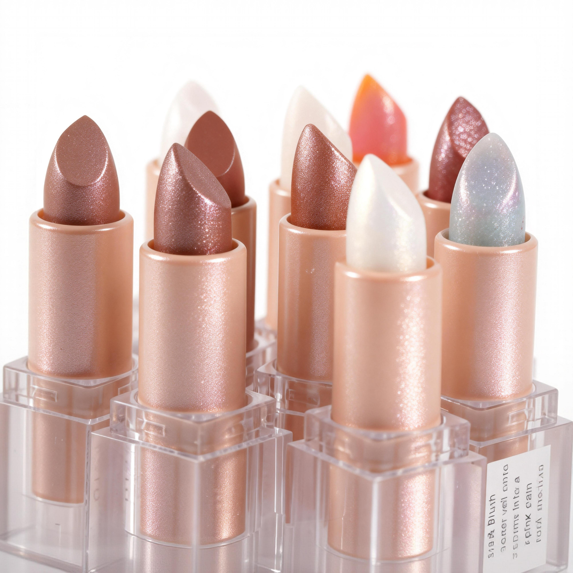 Shimmer lipstick bullets close up showing multi-dimensional holographic shades. Partner with B2B makeup manufacturer MCcosme.