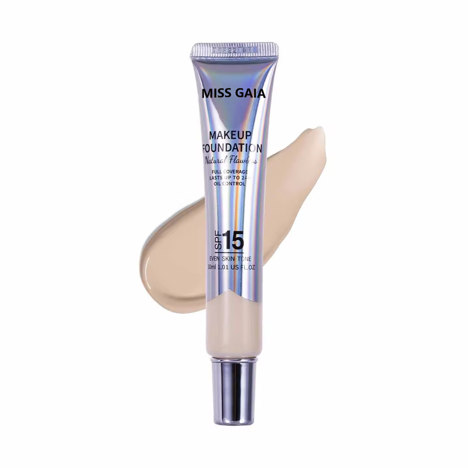 Holographic squeeze tube foundation packaging with precise pump dispenser, customizable for OEM makeup brands.