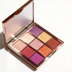 Sunset and berry tone 9-color eyeshadow palette in a premium rose gold case. OEM makeup solutions by MCcosme.