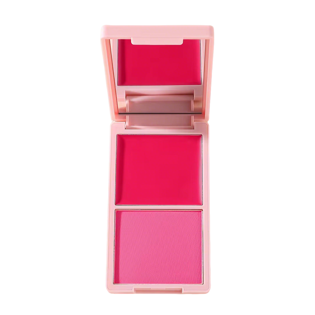 Vibrant hot pink cream and powder blush duo, popular shade for youth-oriented cosmetic brands.