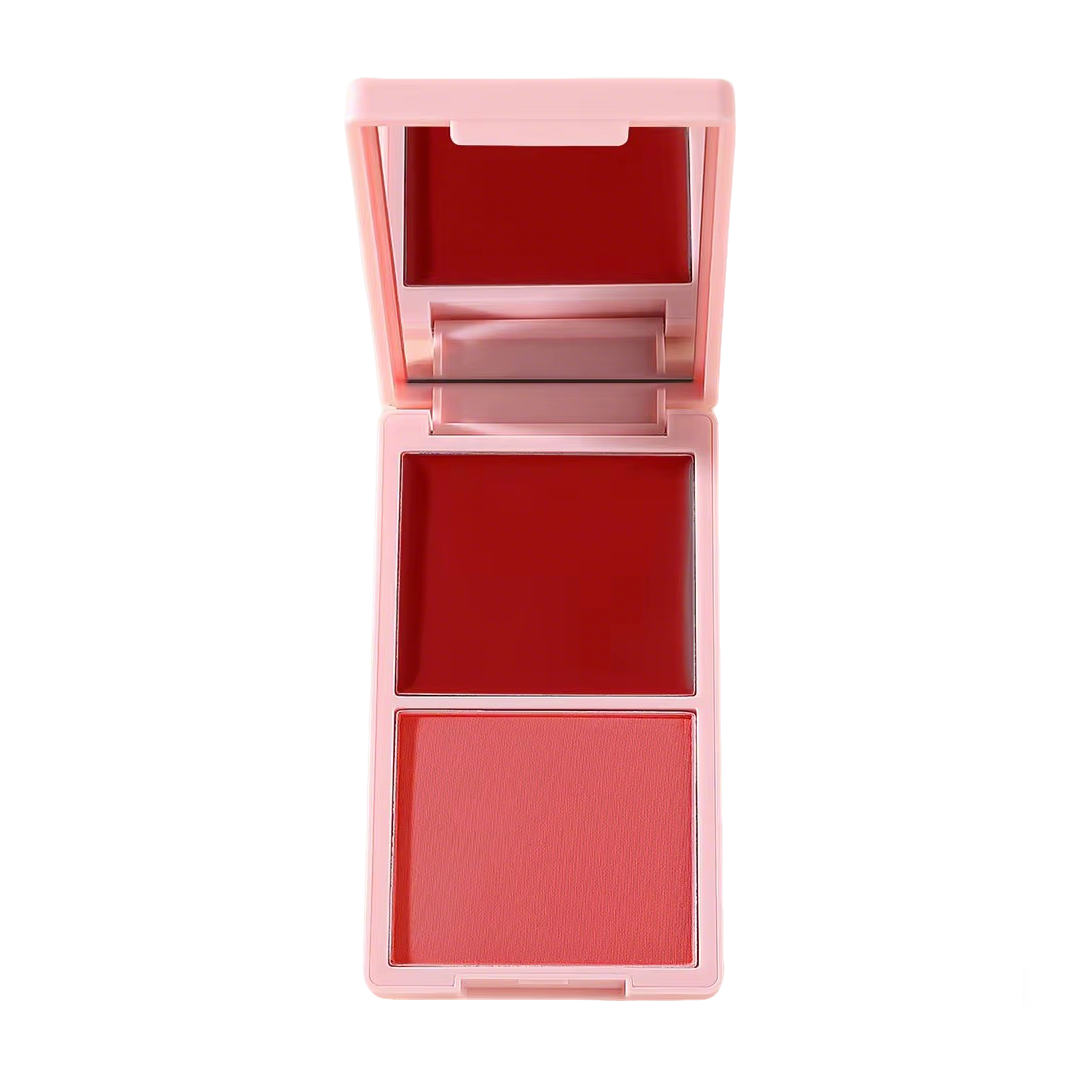 Deep berry red duo blush palette with mirror, vegan and cruelty-free formula available for bulk purchase.