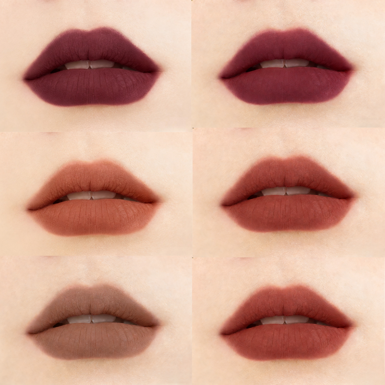 Velvet matte lipstick lip swatch color chart showing 6 shades. Custom OEM makeup manufacturing by MCcosme.