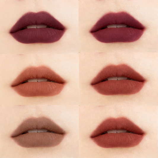 Velvet matte lipstick lip swatch color chart showing 6 shades. Custom OEM makeup manufacturing by MCcosme.