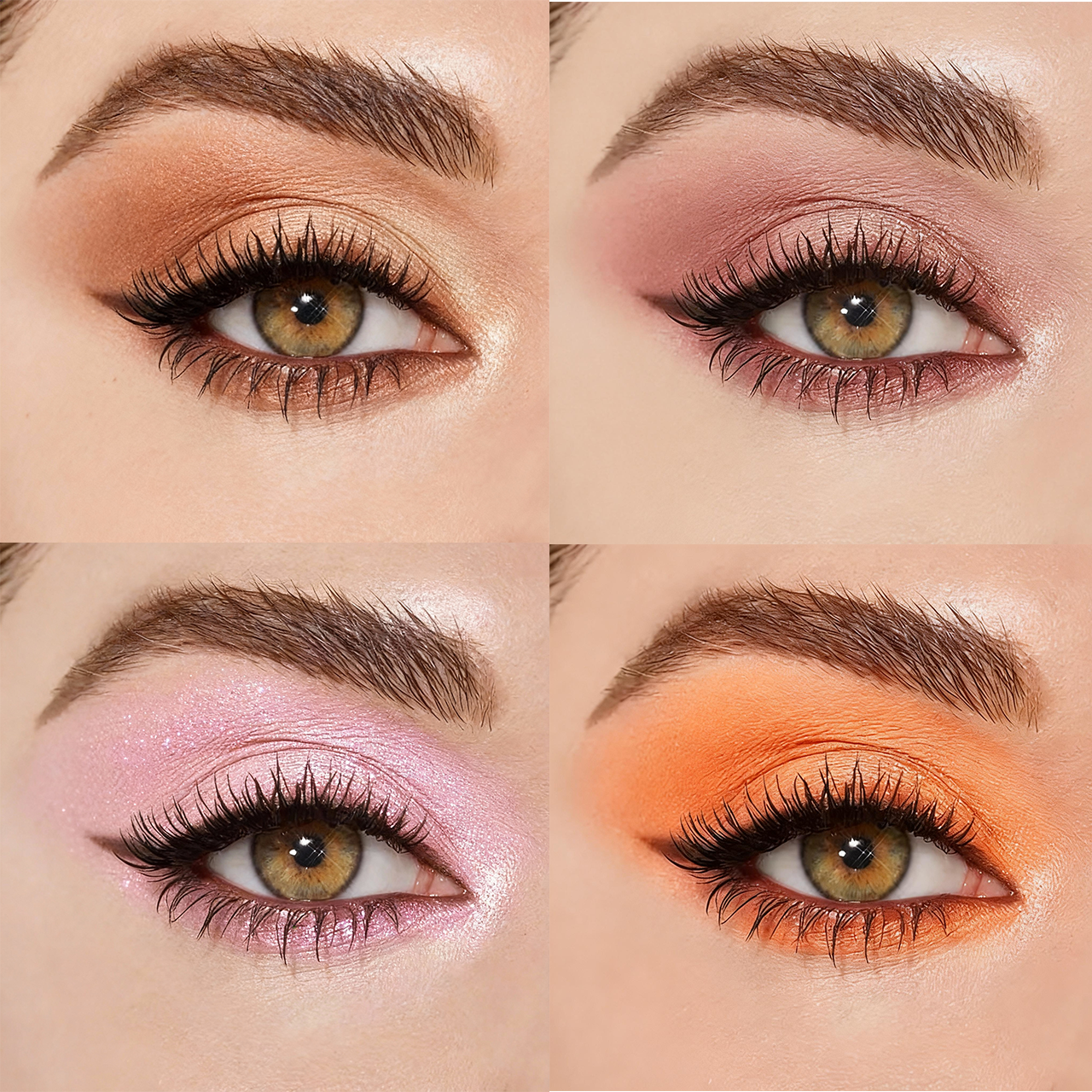 ersatile eye makeup looks collage featuring orange, purple, and pink shades. Custom eyeshadow formulation by MCcosme.