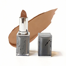 Warm brown matte lipstick in a splatter design case. High-quality cosmetic manufacturing by MCcosme.