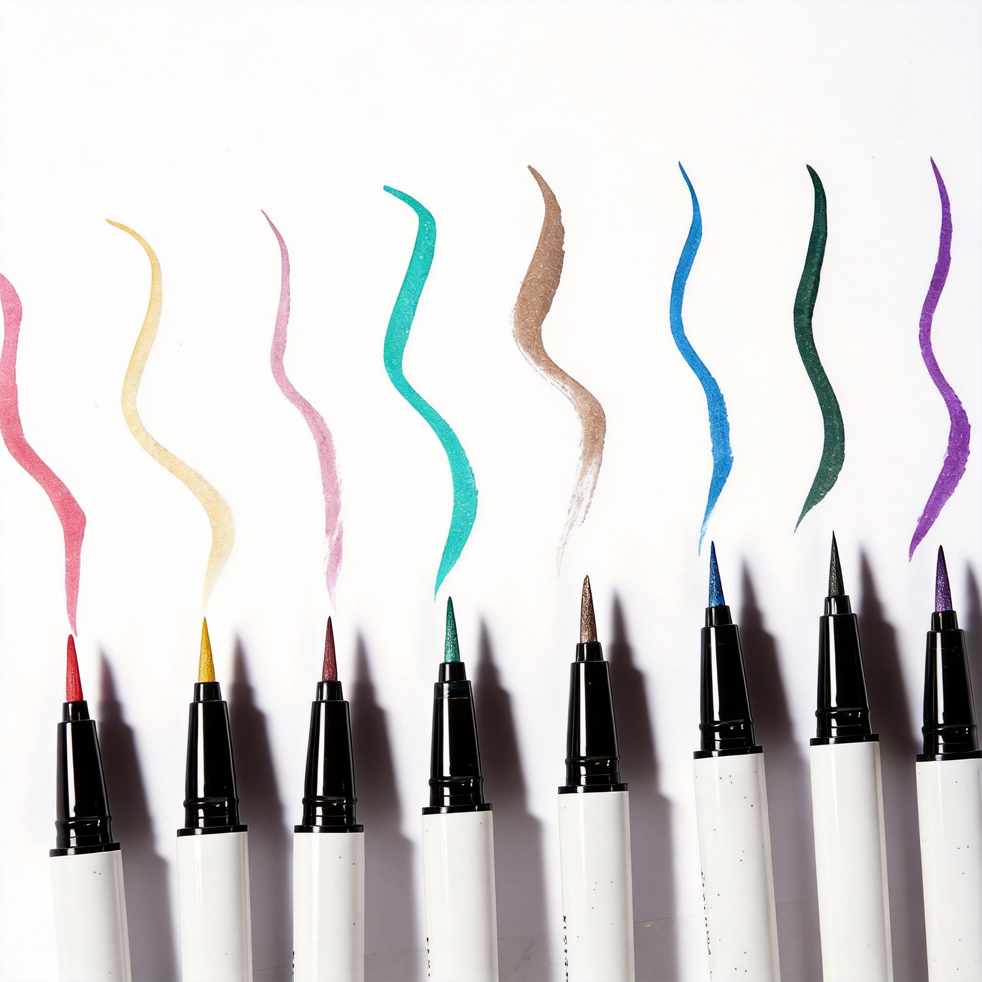 High pigment waterproof colored liquid eyeliner swatches on paper. Wholesale and private label makeup manufacturing by MCcosme.