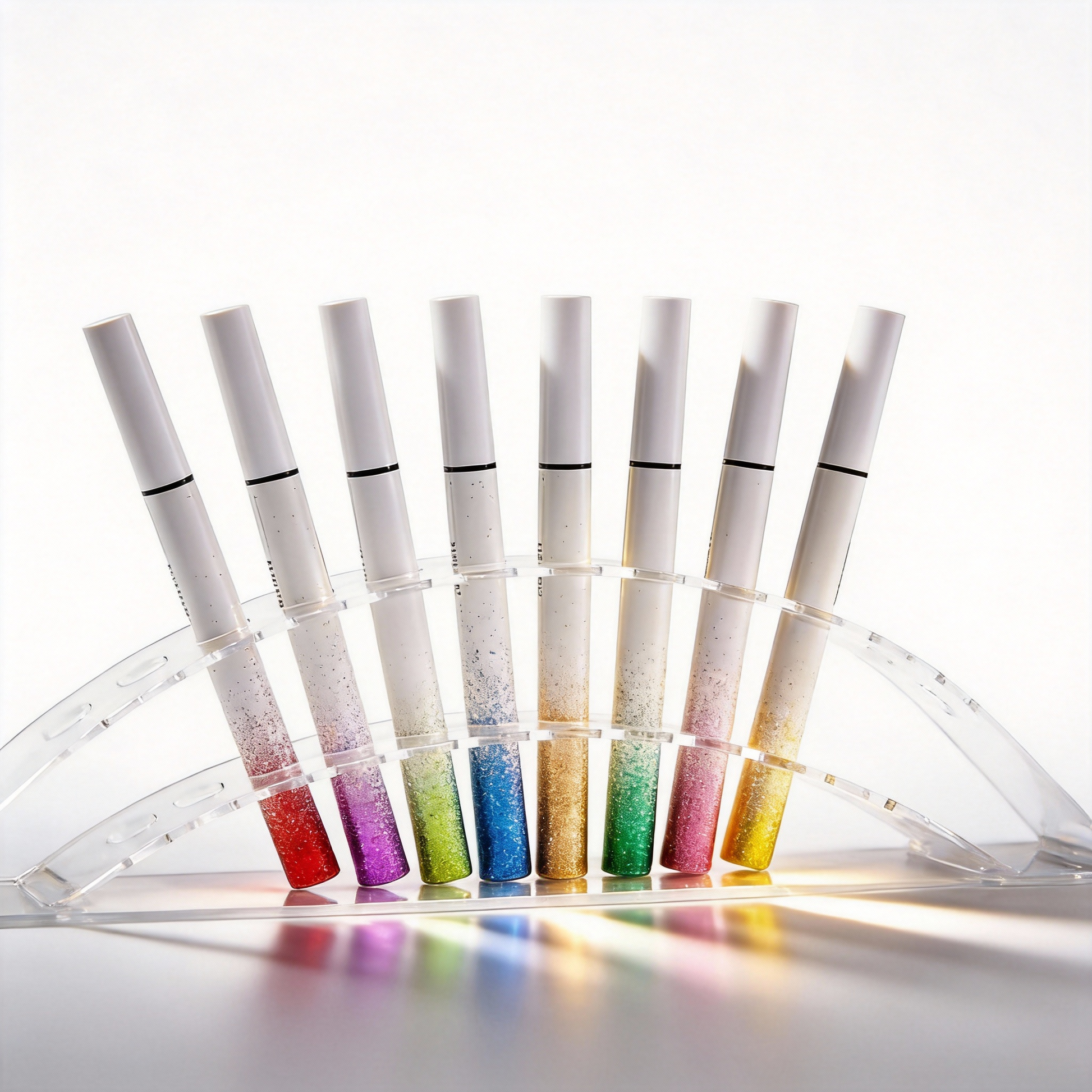 Wholesale collection of glitter liquid eyeliner pens featuring attractive gradient tubes. Premium cosmetic supply by MCcosme.