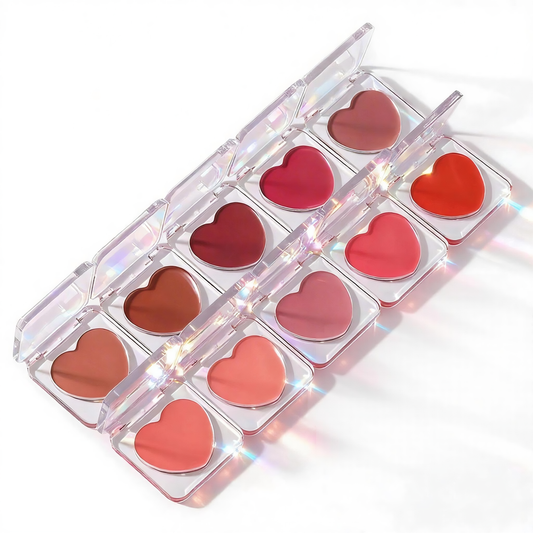 Wholesale heart-shaped cream blush collection in clear cases. Manufactured in China by top B2B supplier MCcosme.