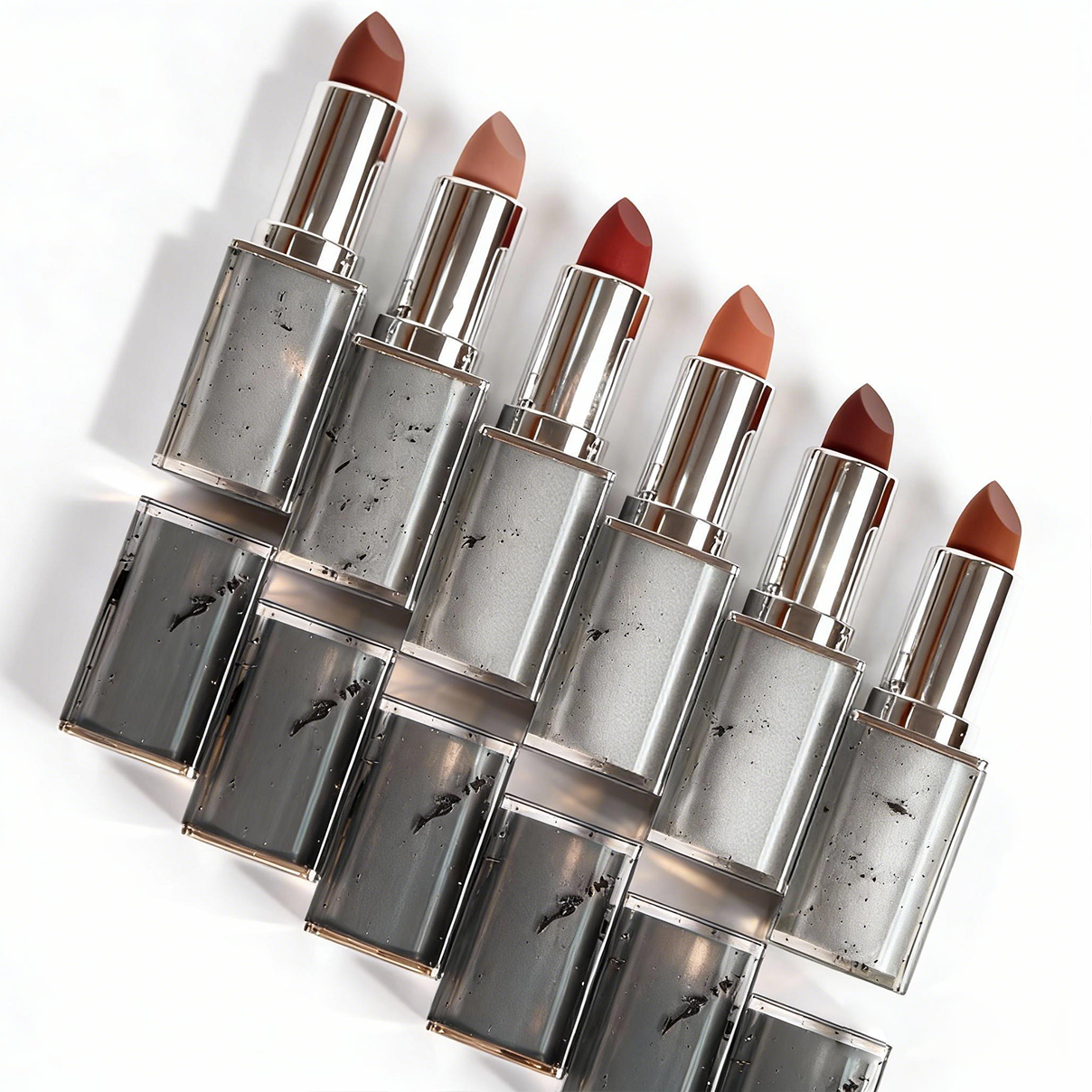 Wholesale matte lipstick collection featuring transparent black splatter cases. Manufactured by premium OEM makeup supplier MCcosme.
