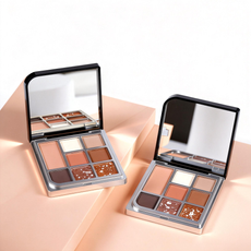 Display of wholesale multi-finish 8-color makeup palettes with built-in mirror. Custom cosmetic OEM services by MCcosme.